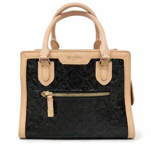 Spartina 449 Black Patent Leather Satchel Beige Trim Structured Handbag Gold Zip